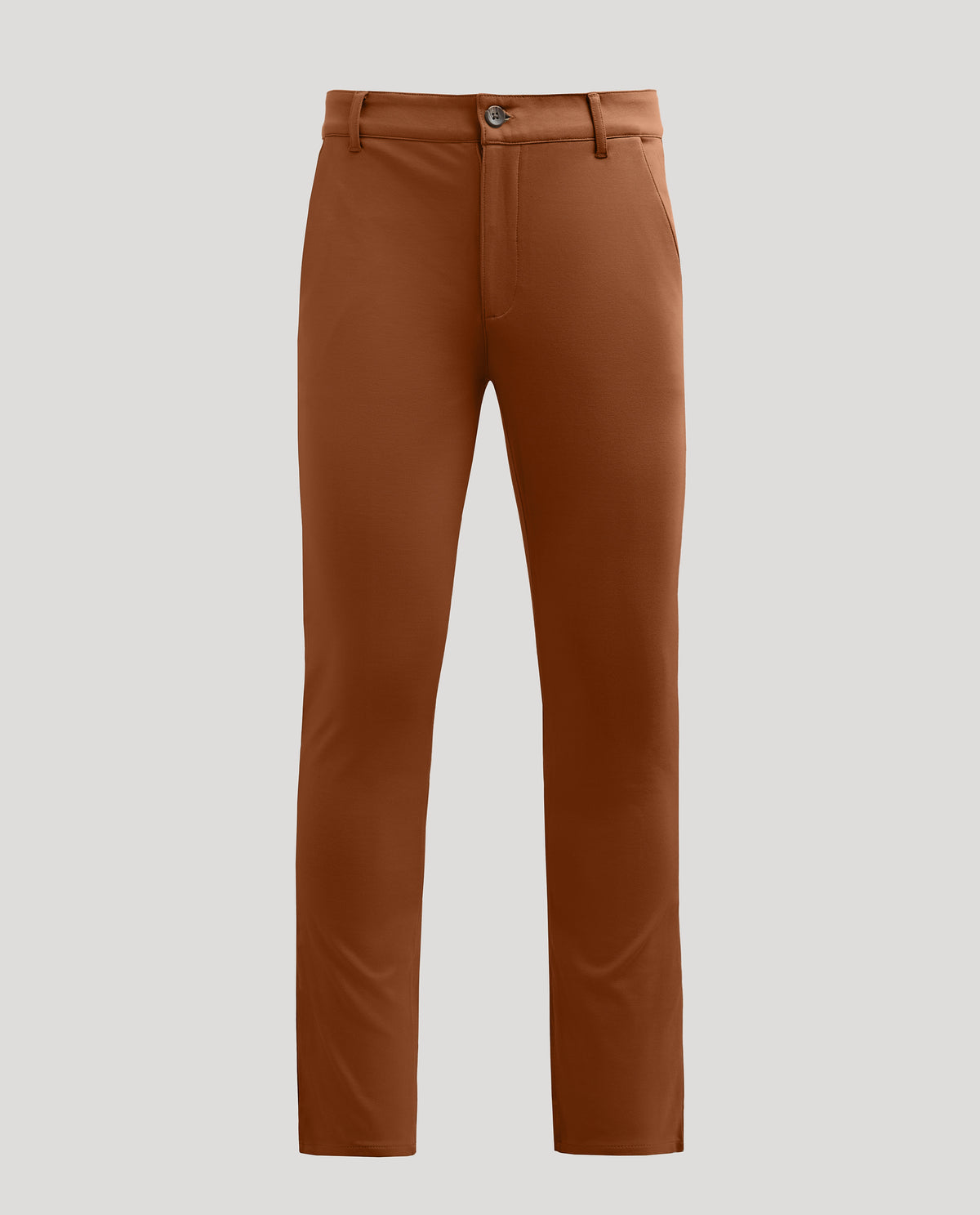Suede Brown Slim Comfort Knit Chino Pant, laid flat with pockets visible.