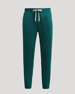 True ClassicDeep Emerald Fleece French Terry Joggers with off-white drawstring and ribbed cuffs.