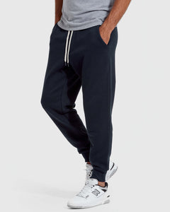 True ClassicNavy Fleece French Terry Joggers with white drawstring and side pockets.