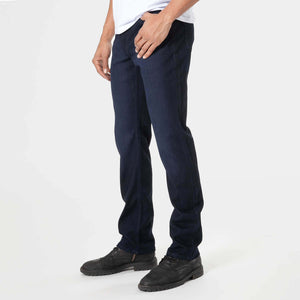 True ClassicMan wearing Indigo & Gray Straight Comfort Jeans 3-Pack in indigo color paired with black shoes and a white shirt, showcasing a straight fit and casual style.