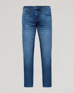 True ClassicMedium Indigo Wash Slim Authentic Denim Jeans, straight-leg, front view, button closure.