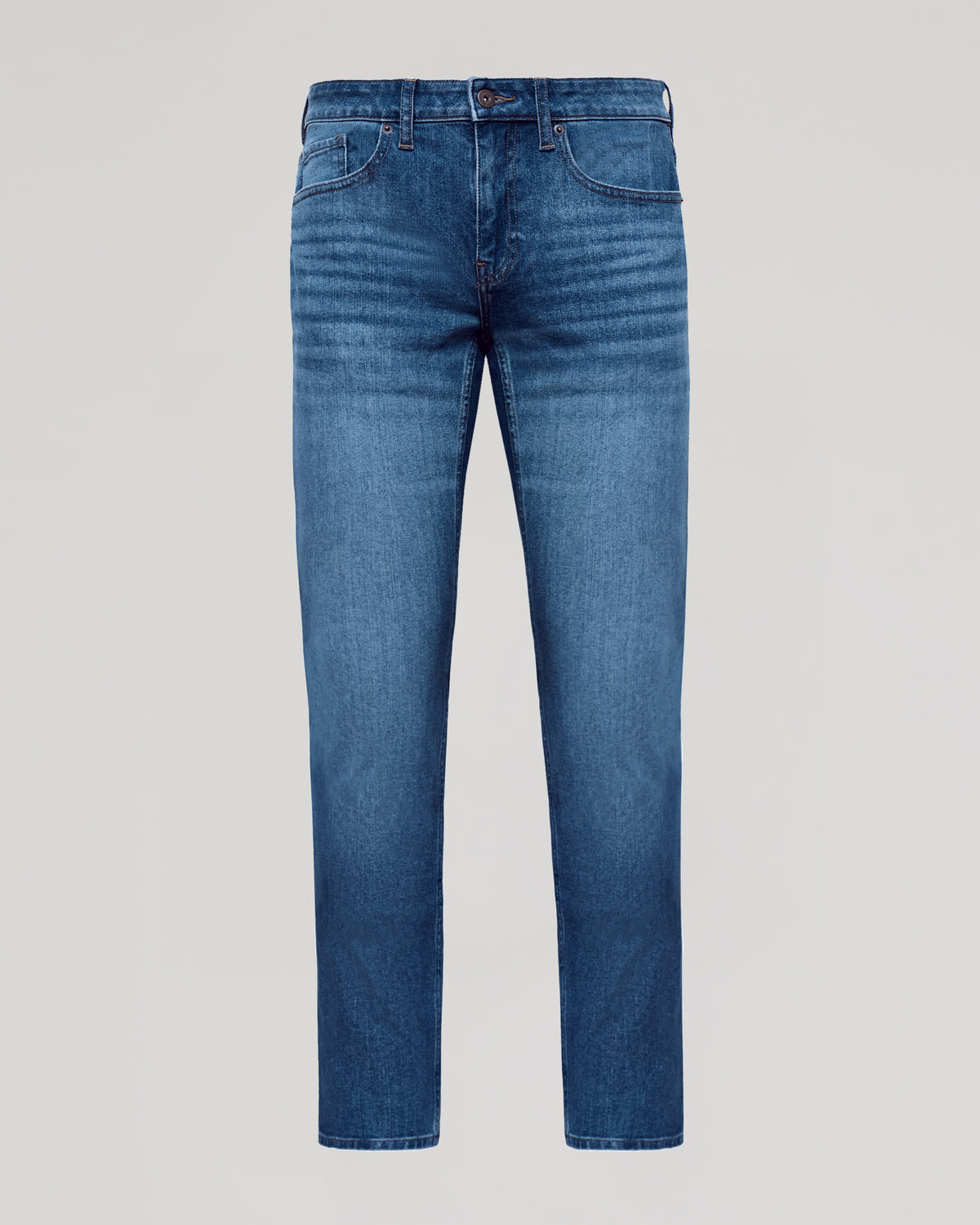 Medium Indigo Wash Slim Authentic Denim Jeans, straight-leg, front view, button closure.