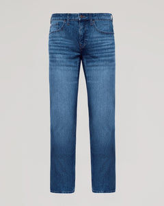 True ClassicMedium Indigo Wash Straight Authentic Denim Jeans, front view, five-pocket, button closure.