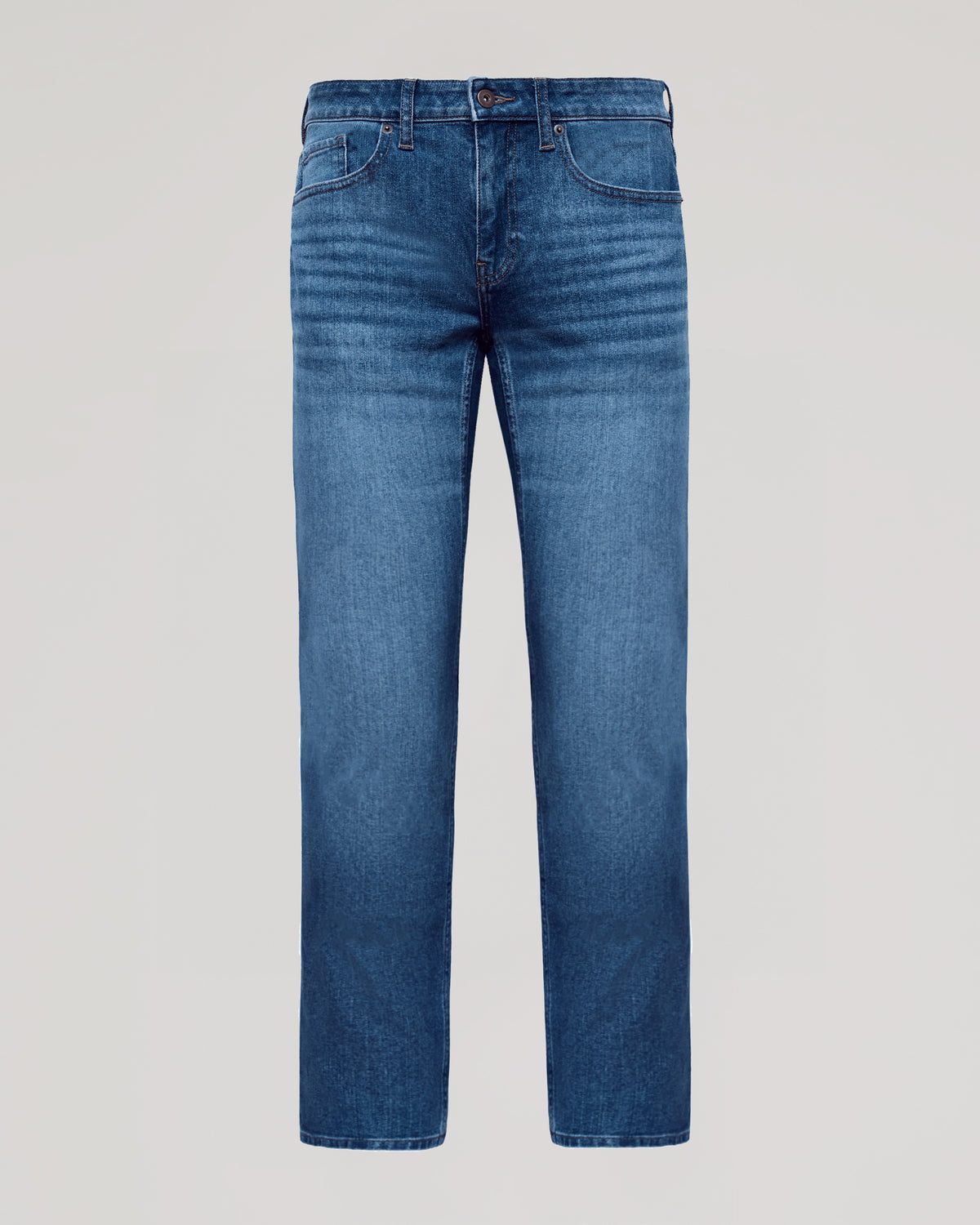 Medium Indigo Wash Straight Authentic Denim Jeans, front view, five-pocket, button closure.
