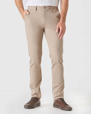Khaki Slim Twill Chino Pant with brown leather sneakers.