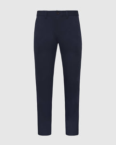 True ClassicNavy Slim Twill Chino Pant, front view, button-and-zip, tapered leg.