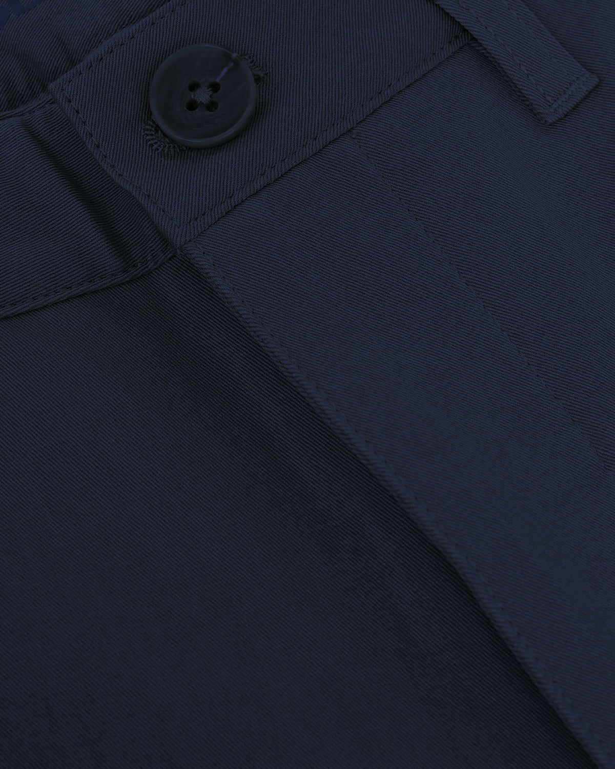 Navy Straight Twill Chino Pant waistband detail with button and belt loop.