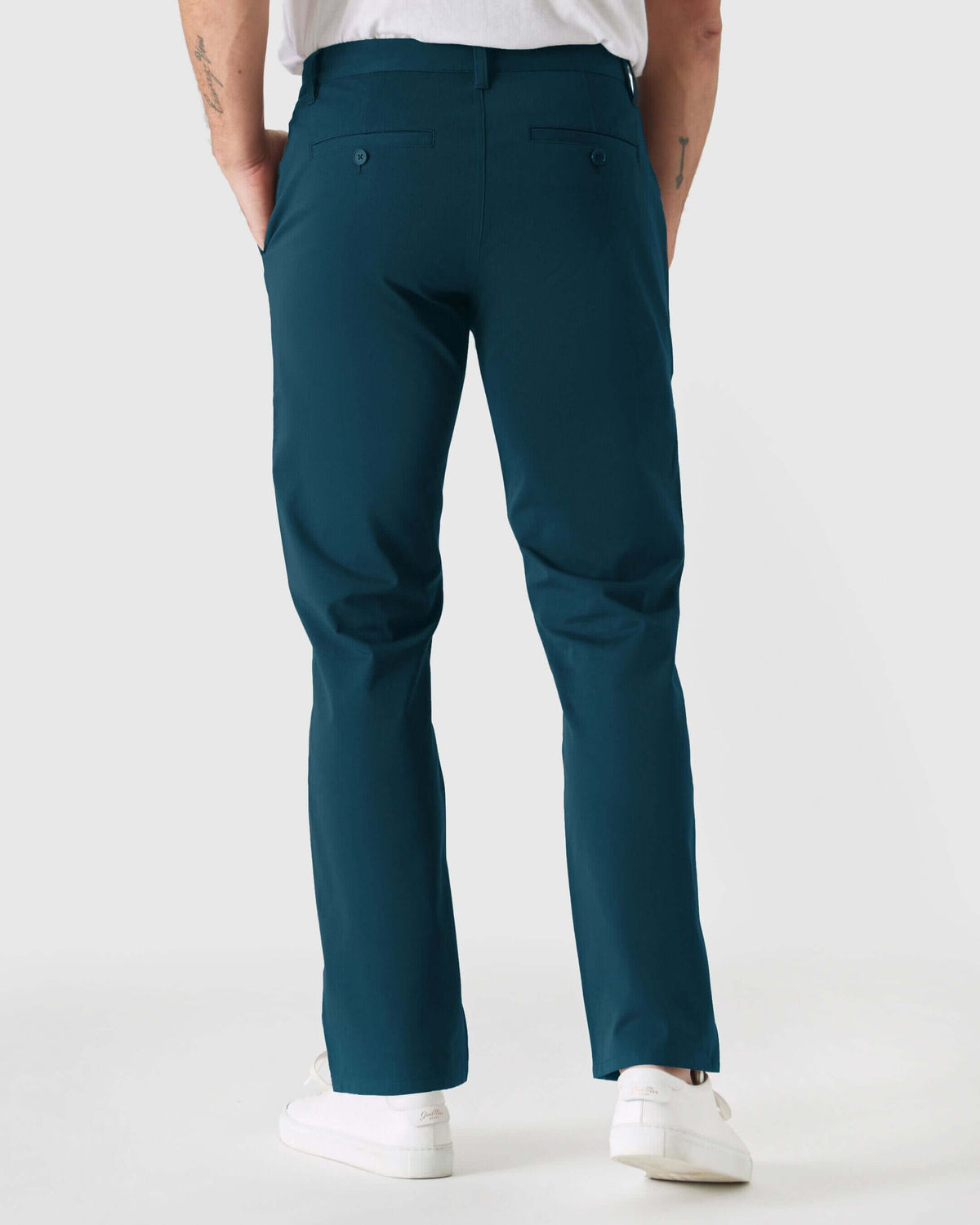 Centurion Straight Twill Chino Pant, teal, back view, with sneakers.