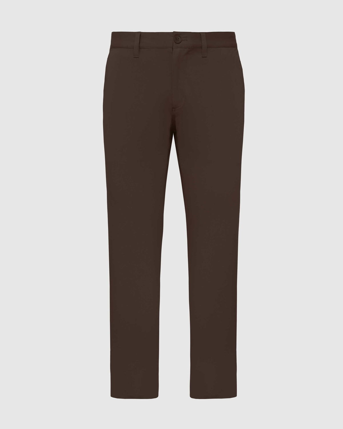 Dark Oak Straight Twill Chino Pant, front view with belt loops and button.