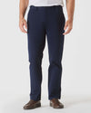 Navy Straight Twill Chino Pant with brown leather sneakers.