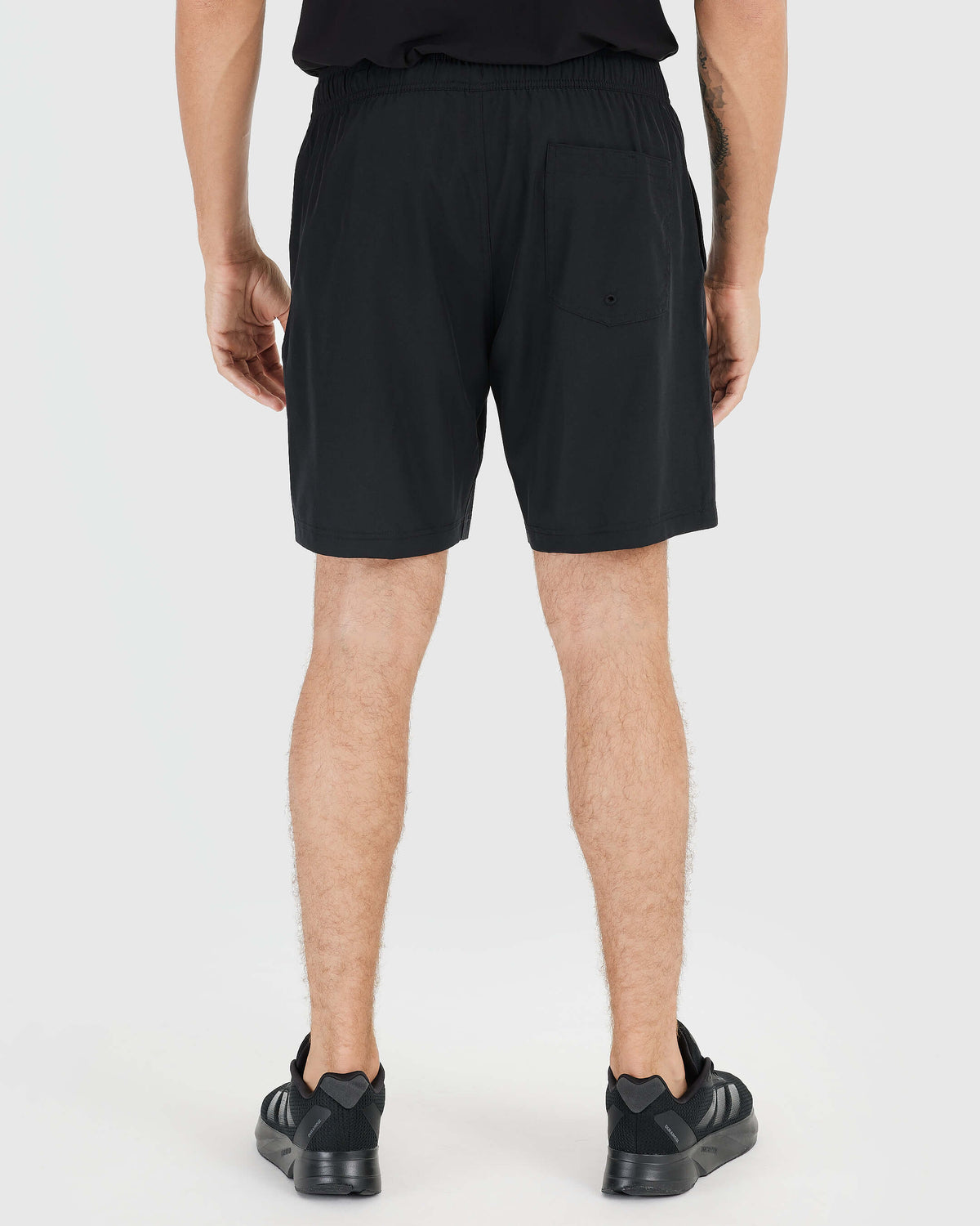 Black Active Quick Dry Shorts with Liner, rear view, elastic waistband.