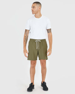 True ClassicMan wearing Military Green Active Quick Dry Shorts with Liner, white T-shirt.
