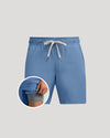 Blue shorts with a drawstring on a gray background