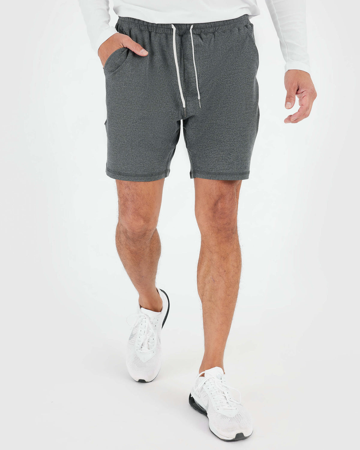 Charcoal & Dark Heather Navy Active Comfort Shorts worn with white sneakers.