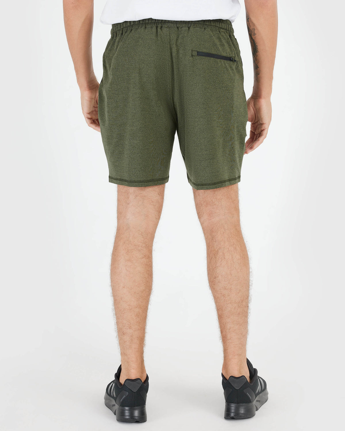 Rear view of olive-green Dark Heather Military Green Active Comfort Short.