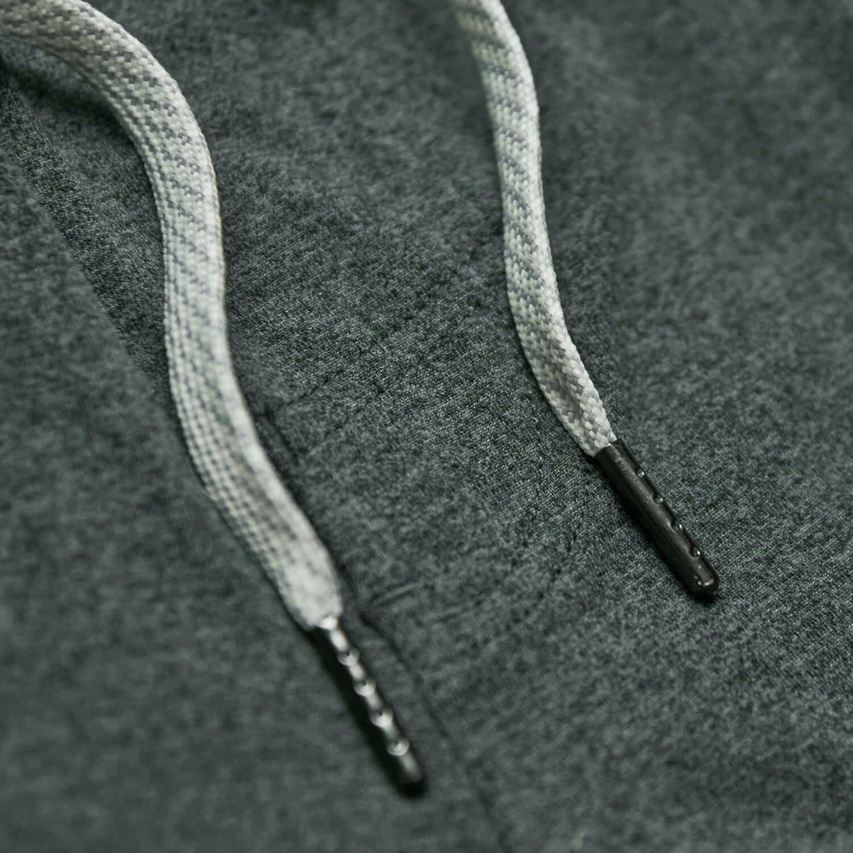 Charcoal Heather Gray Active Comfort Shorts' grey drawcords with black aglets.