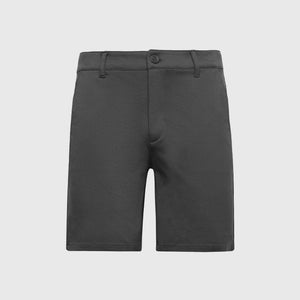 True ClassicCarbon Comfort Chino Short in dark charcoal with pockets and button closure.