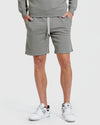 Medium Heather Gray Fleece French Terry Shorts with drawstring and side pockets.