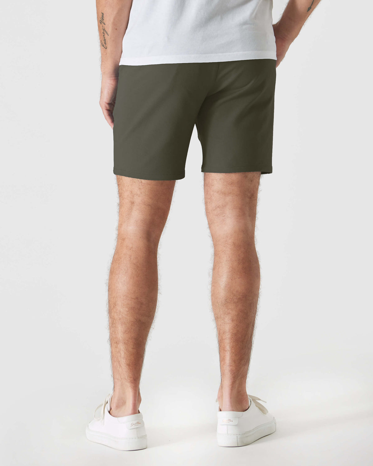 7 Military Green Comfort Knit Chino Short, rear view, worn by model.