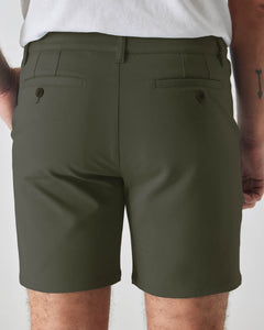 True ClassicMan in 7 Military Green Comfort Knit Chino Short, rear view.