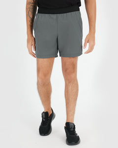 True ClassicActive Crew & Training Short 8-Pack: Slate gray shorts, black shoes.