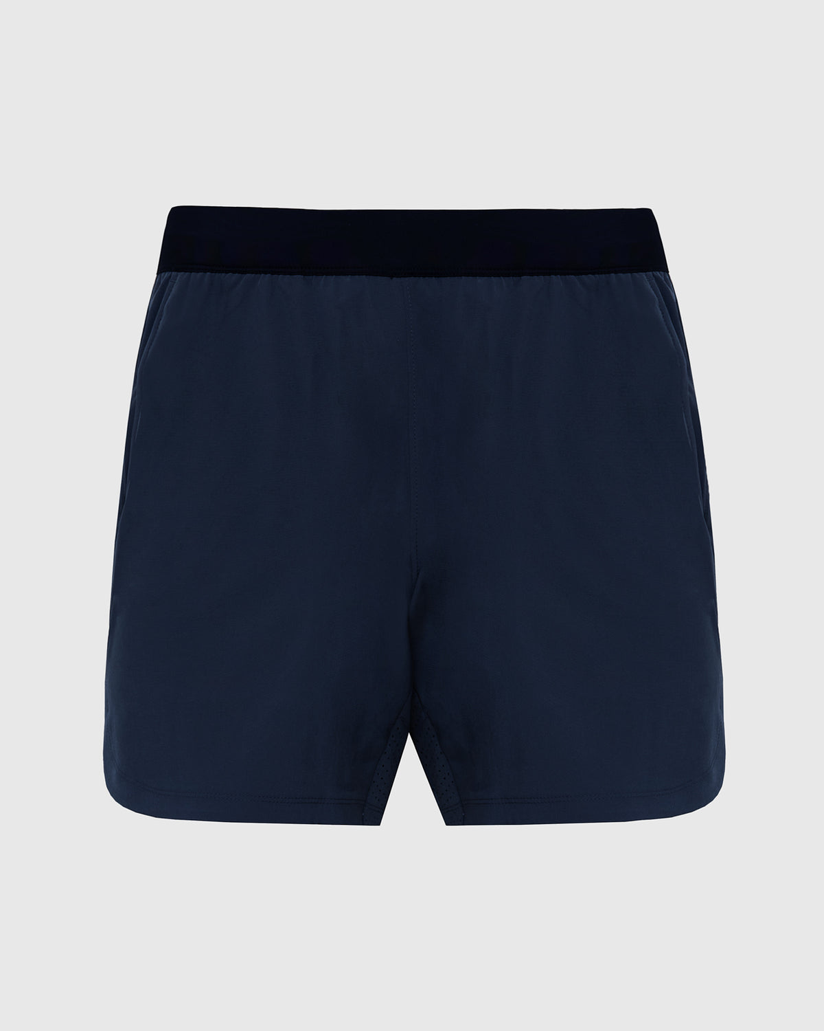 7 Navy Active Training Shorts 2.0 with elastic waistband and side slits.