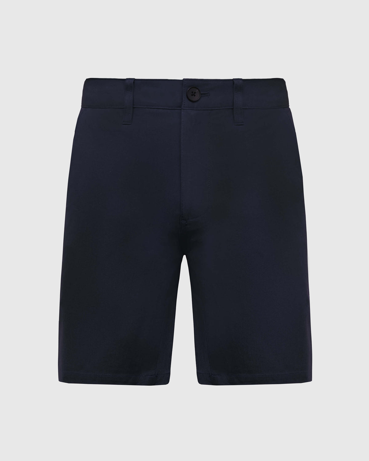 Navy Twill Short, mid-length, with button-zip closure and belt loops.