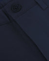 Navy Twill Short waistband with button, zipper placket, and belt loop.