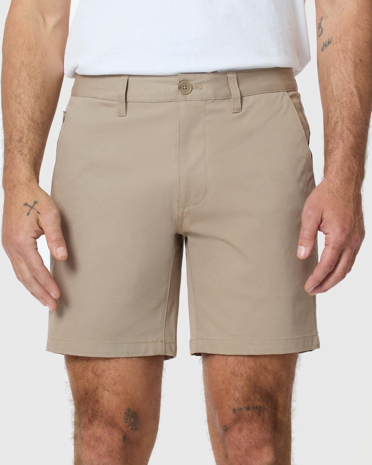 Man wearing 7 Khaki Classic Twill Shorts, highlighting comfort and durability.