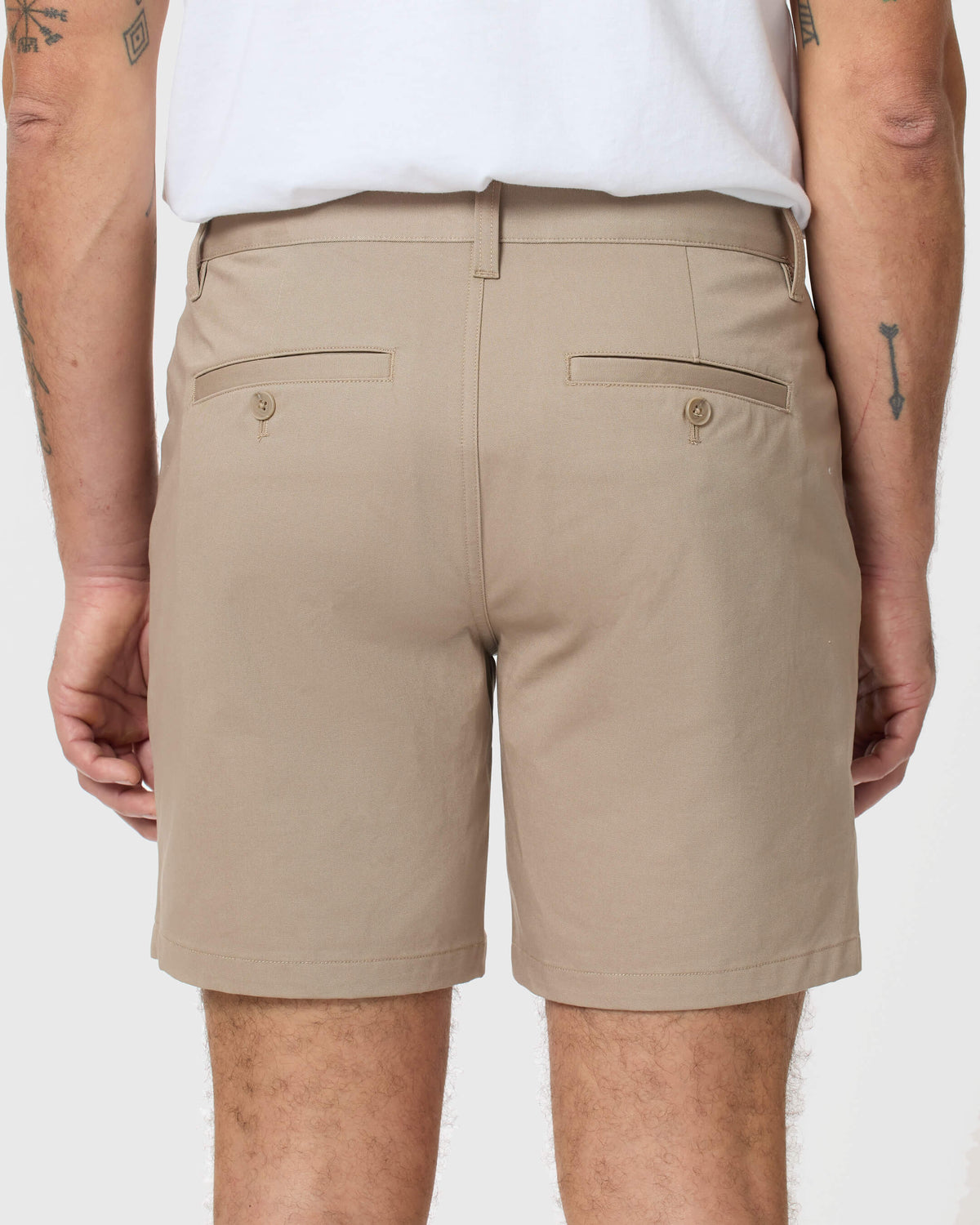 Back view of 7 Khaki Classic Twill Shorts showcasing buttoned welt pockets.