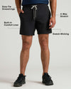 All Black Active Quick Dry Shorts with Liner, featuring drawstrings and stretch fabric.