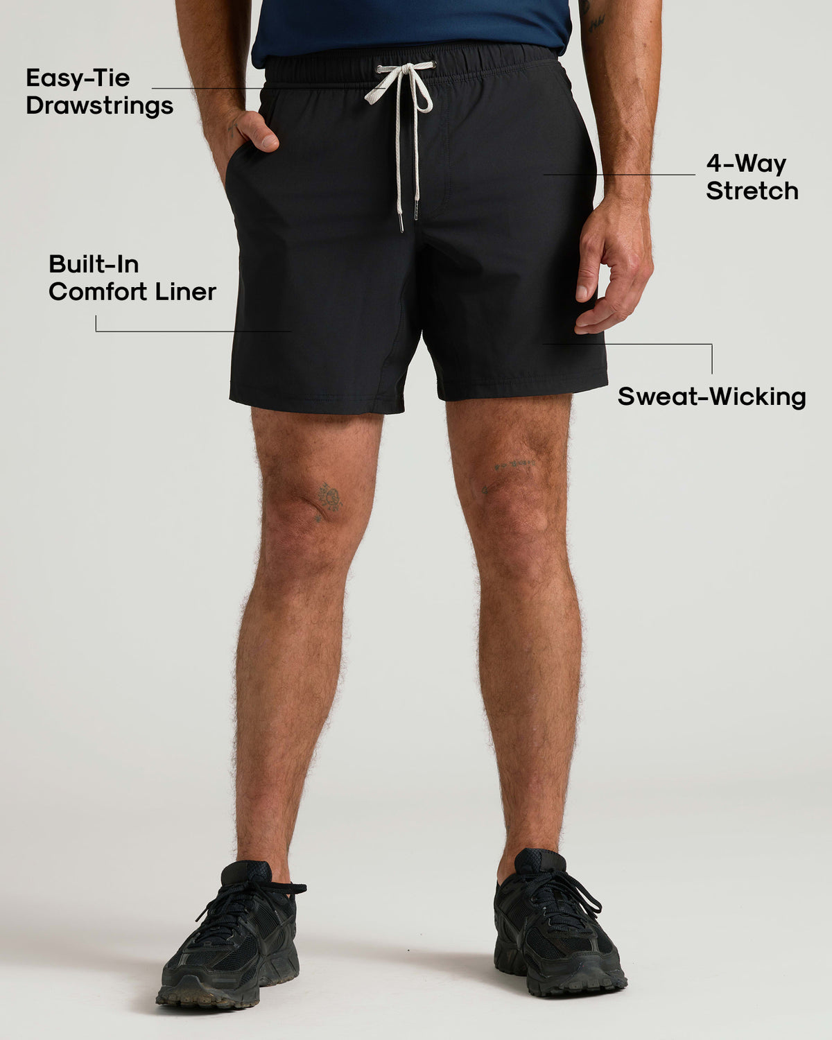 All Black Active Quick Dry Shorts with Liner, featuring drawstrings and stretch fabric.
