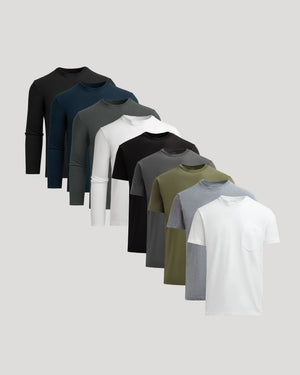 Variety Heavyweight Pocket Shirts 9-Pack, staggered crew-neck tees.