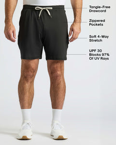 True ClassicBasic Active Comfort Shorts 3-Pack modeled, featuring zip pockets and tangle-free drawcord.