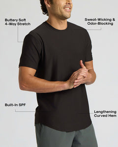 True ClassicMan wearing an all black t-shirt highlighting features like buttery soft 4-way stretch, sweat-wicking and odor-blocking fabric, built-in SPF, and a lengthening curved hem in the All Black Active Curved Hem Crew 6-Pack.