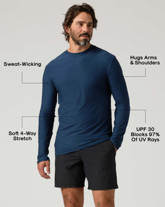 True ClassicNavy Active Long Sleeve Crew T-Shirt on a man, showcasing performance features.
