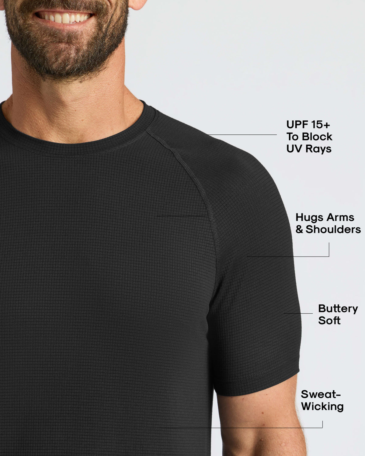 Black Active Mesh Crew 3-Pack on man's upper torso, highlighting performance features.