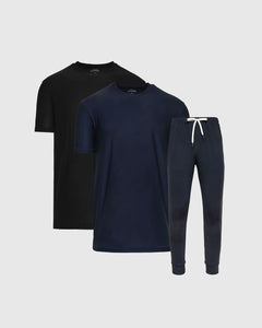 True ClassicActive Sampler 3-Pack: black and navy crew-neck tees, navy joggers.
