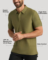 Man wearing Active Short Sleeve Polo 3-Pack showcasing sweat-wicking, UPF 30, and odor control features.