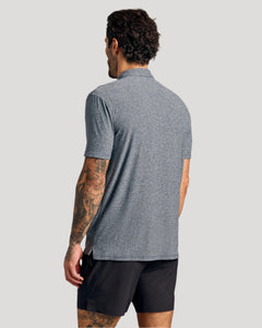 True ClassicMan in Heather Navy Short Sleeve Active Polo, showcasing back view.