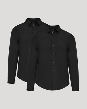 All Black Long Sleeve Performance Dress Shirt 2-Pack featuring two black button front shirts with collars and long sleeves for men's basics