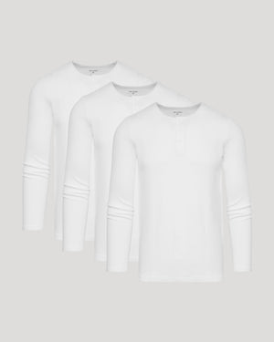 White Waffle Long Sleeve Henley 3-Pack with textured, buttoned, round necklines.
