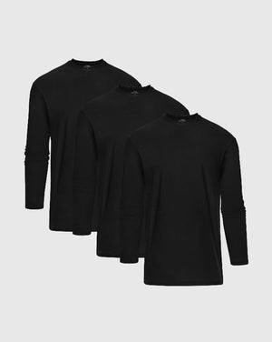 All Black Active Long Sleeve Crew T-Shirt 3-Pack showing three black long sleeve crew neck shirts arranged against a light gray background for mens basics