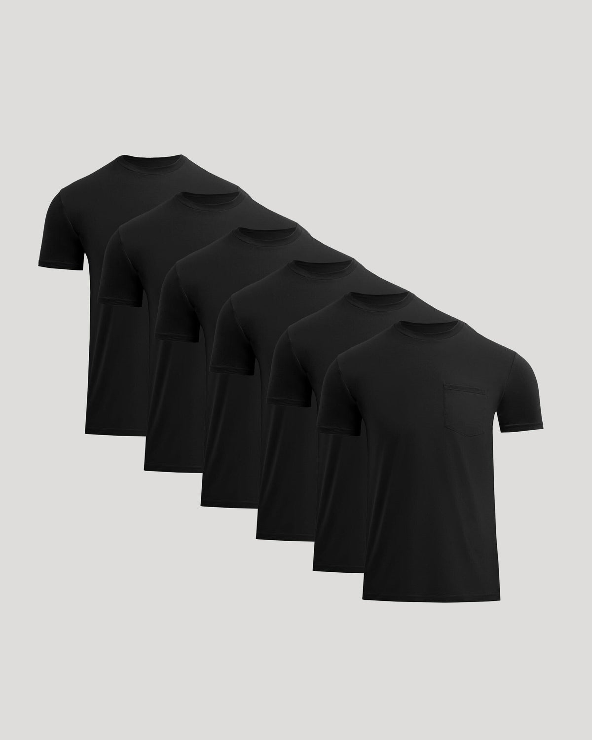 Set of six black classic crew neck t-shirts with a chest pocket, styled as men's basics in the Classic Pocket Crew 6-Pack collection.
