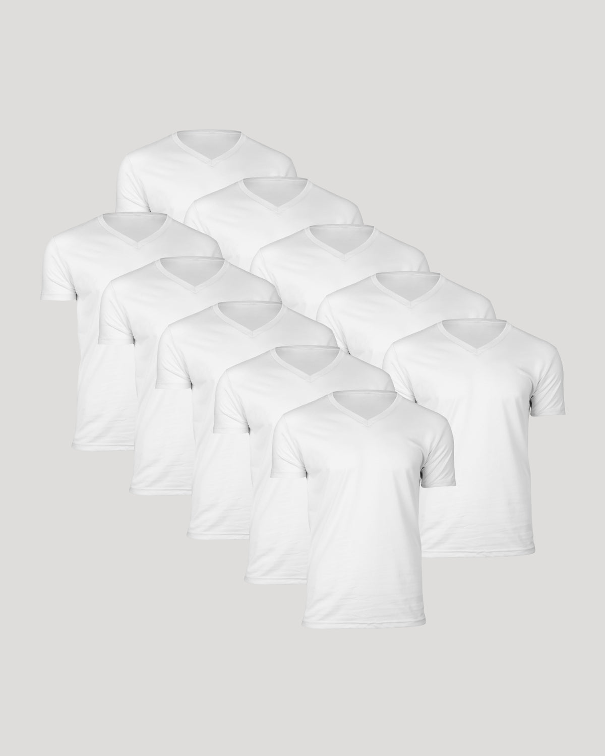 All White Classic V-Neck 10-Pack, arranged in a stepped layout.