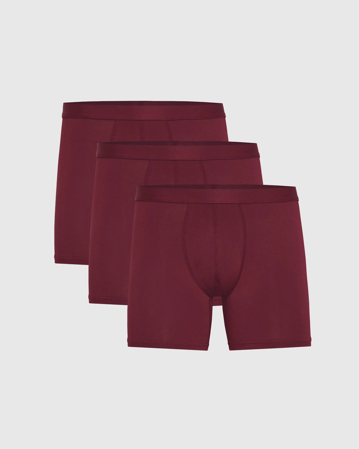 Burgundy Boxer Briefs 3-Pack neatly arranged, showcasing soft fabric and supportive design.