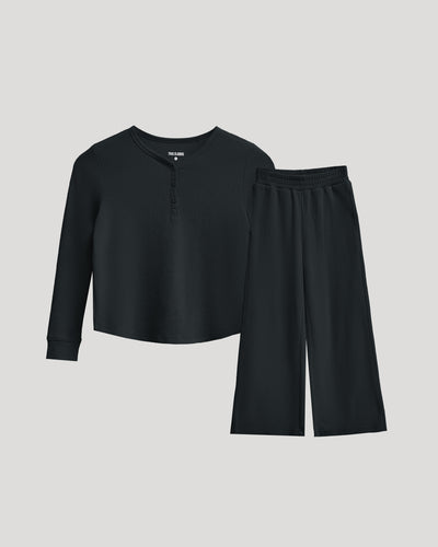 Black Waffle Long Sleeve Henley & Waffle Leg Pants Set