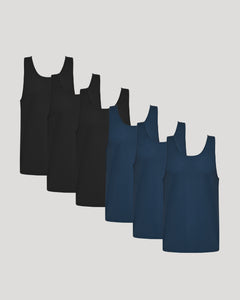 True ClassicBlack & Navy Active Mesh Tank 6-Pack, sleeveless with scooped neckline.