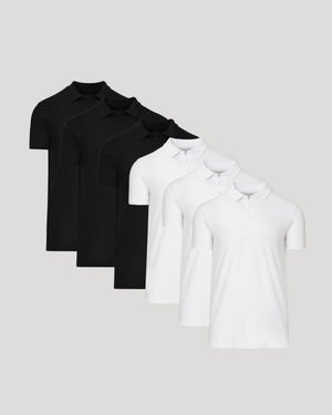 Black & White Tall Classic Polo 6-Pack laid out overlapping.