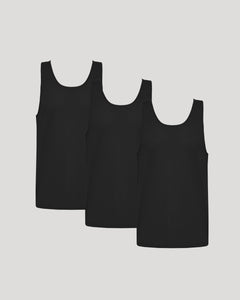 True ClassicBlack Sleeveless Active Mesh Tank 3-Pack, arranged side-by-side.